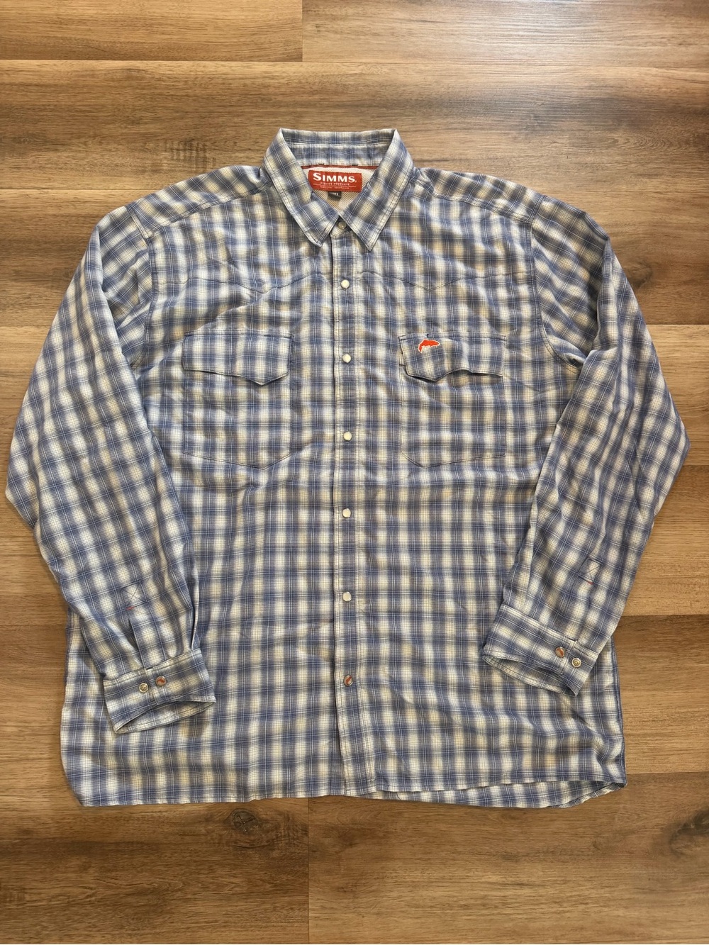 Simms Shirt Mens 2XL Pearl Snap Fishing Blue Plaid Long Sleeve Vented